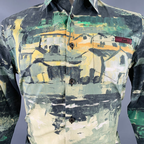 PRADA FW17 Size S Green Multi Color Landscape Print Cotton Button Up Long Sleeve Shirt