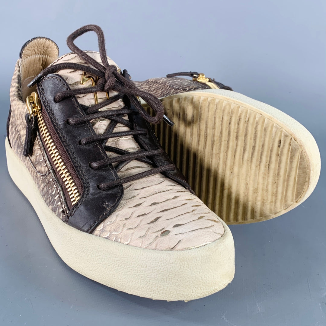 GIUSEPPE ZANOTTI Size 9 Beige Brown Leather Textured Double Side Zipper Sneakers