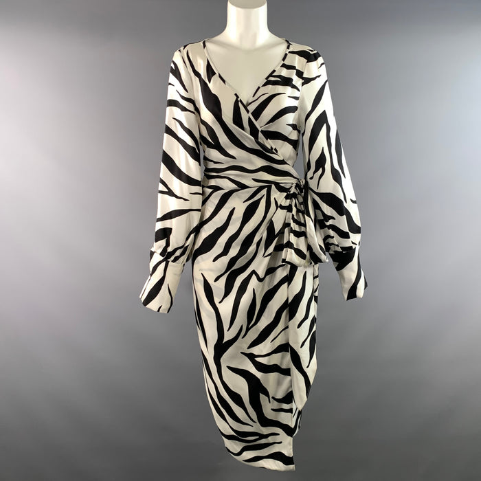 OSCAR DE LA RENTA Size L White Black Silk Zebra Wrap Long Dress
