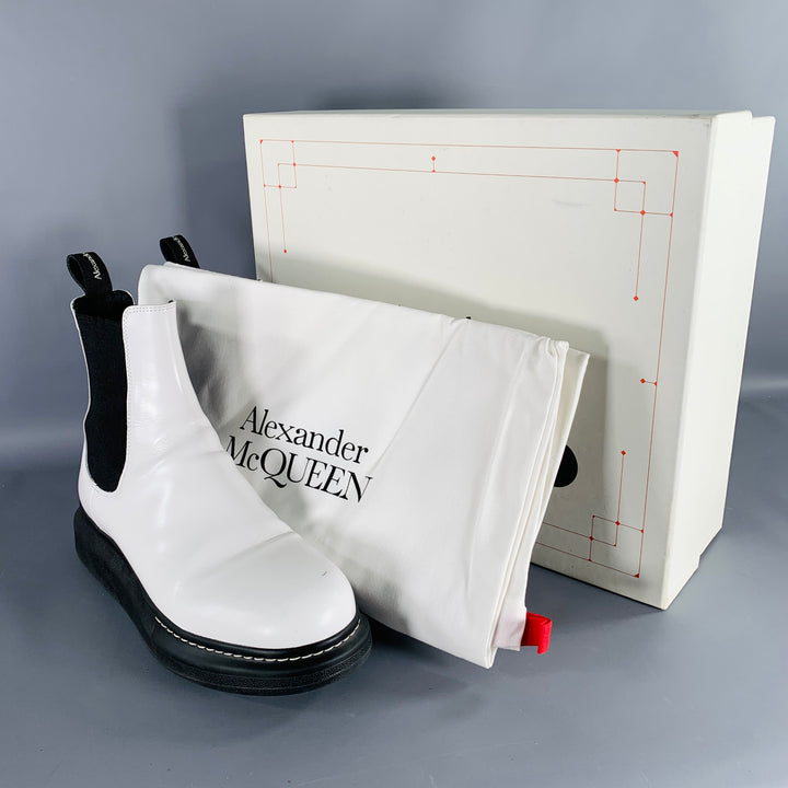ALEXANDER MCQUEEN Size 9 White Black Leather Chelsea Ankle Boots