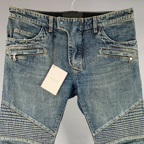BALMAIN Size 32 Blue Cotton Motorcycle Jeans