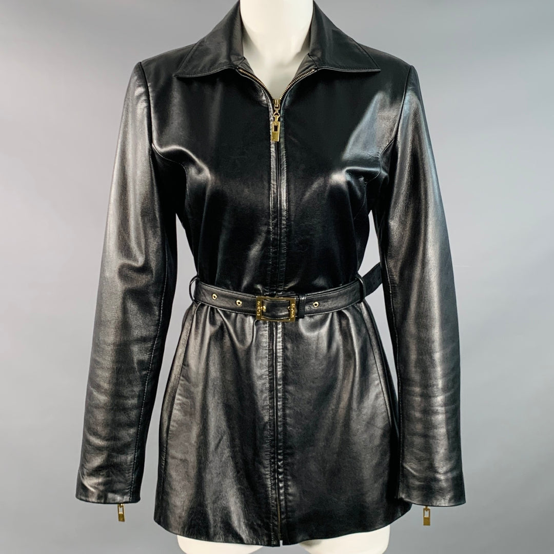 ST. JOHN Size S Black Gold Leather Belted Blazer Jacket