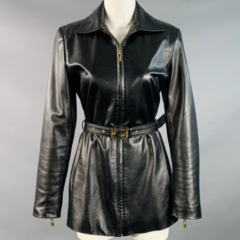 ST. JOHN Size S Black Gold Leather Belted Blazer Jacket