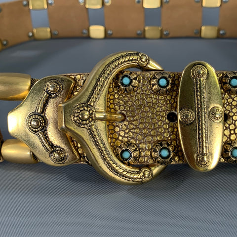 NANNI Waist Size 36 Gold Crackled Leather Trim Metallic Metal Belt
