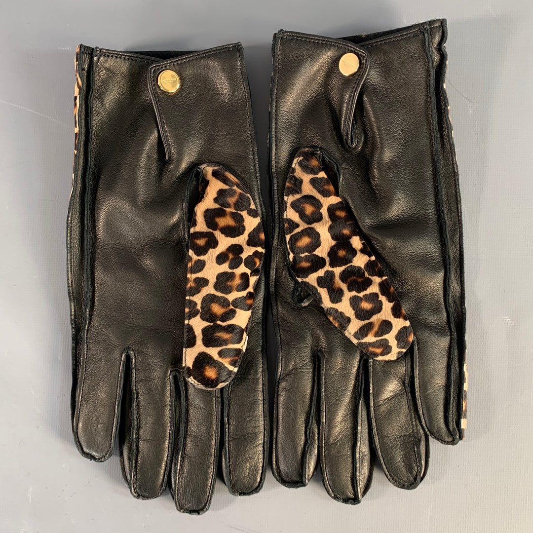 BURBERRY PRORSUM Size 8.5 Beige Brown Black Animal Print Calf Hair Gloves