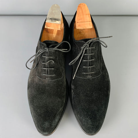 PRADA Size 8 Black Suede Pointed Toe Lace-Up Shoes