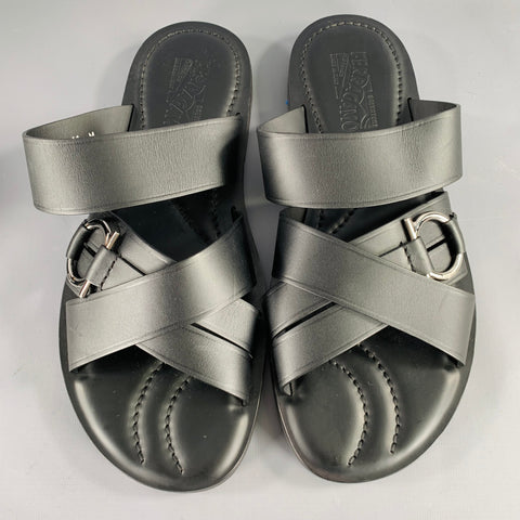 SALVATORE FERRAGAMO Size 12 Black Leather Criss Cross Straps Sandals
