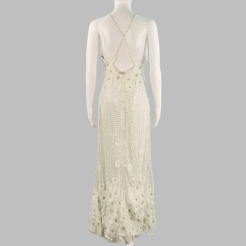 KAREN MILLEN Size 4 White Silver Sequined Spaghetti Straps Evening Gown