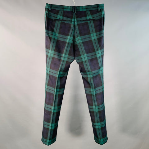 VALENTINO Size 32 Navy Green Plaid Wool Pleated Tapered Dress Pants
