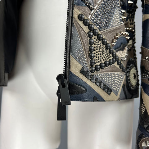 FENDI Printemps 2016 Taille 34 Gris Bleu Agneau Cerf Cuir Peau de Serpent Clouté Allover Monster Veste