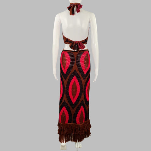 JOHANNA ORTIZ Size XS Brown Black Pink Cotton Abstract Halter Dress