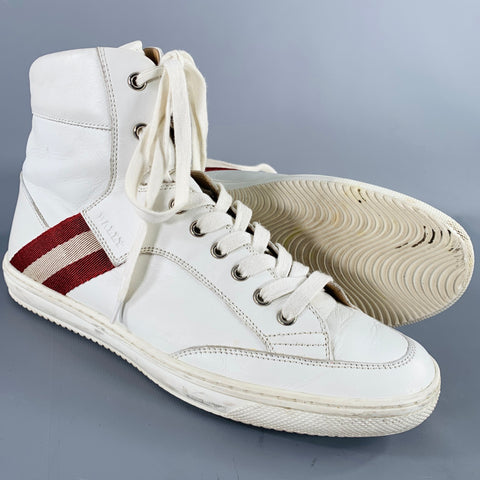 BALLY Size 8.5 -Oldani- White Red Ribbon Trim Leather High Top Sneakers