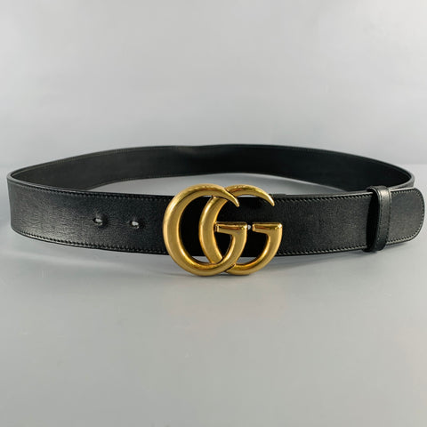 GUCCI Size 38 GG Marmont Black Gold Leather Belt