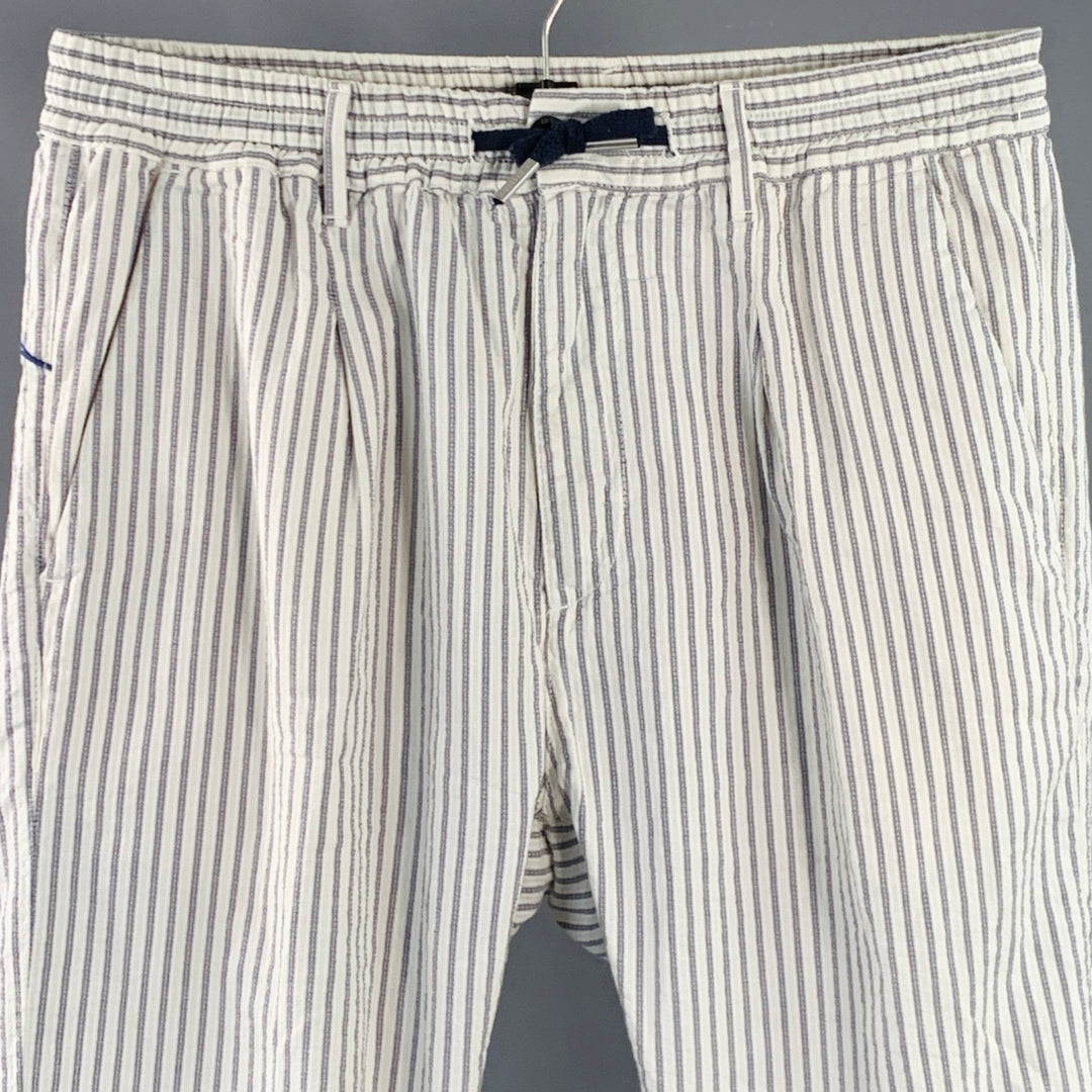 CRUNA Size 32 White Blue Stripe Cotton Blend Drawstring Casual Pants