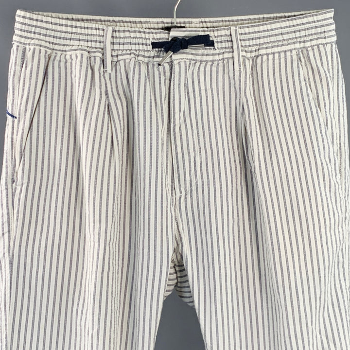 CRUNA Size 32 White Blue Stripe Cotton Blend Drawstring Casual Pants