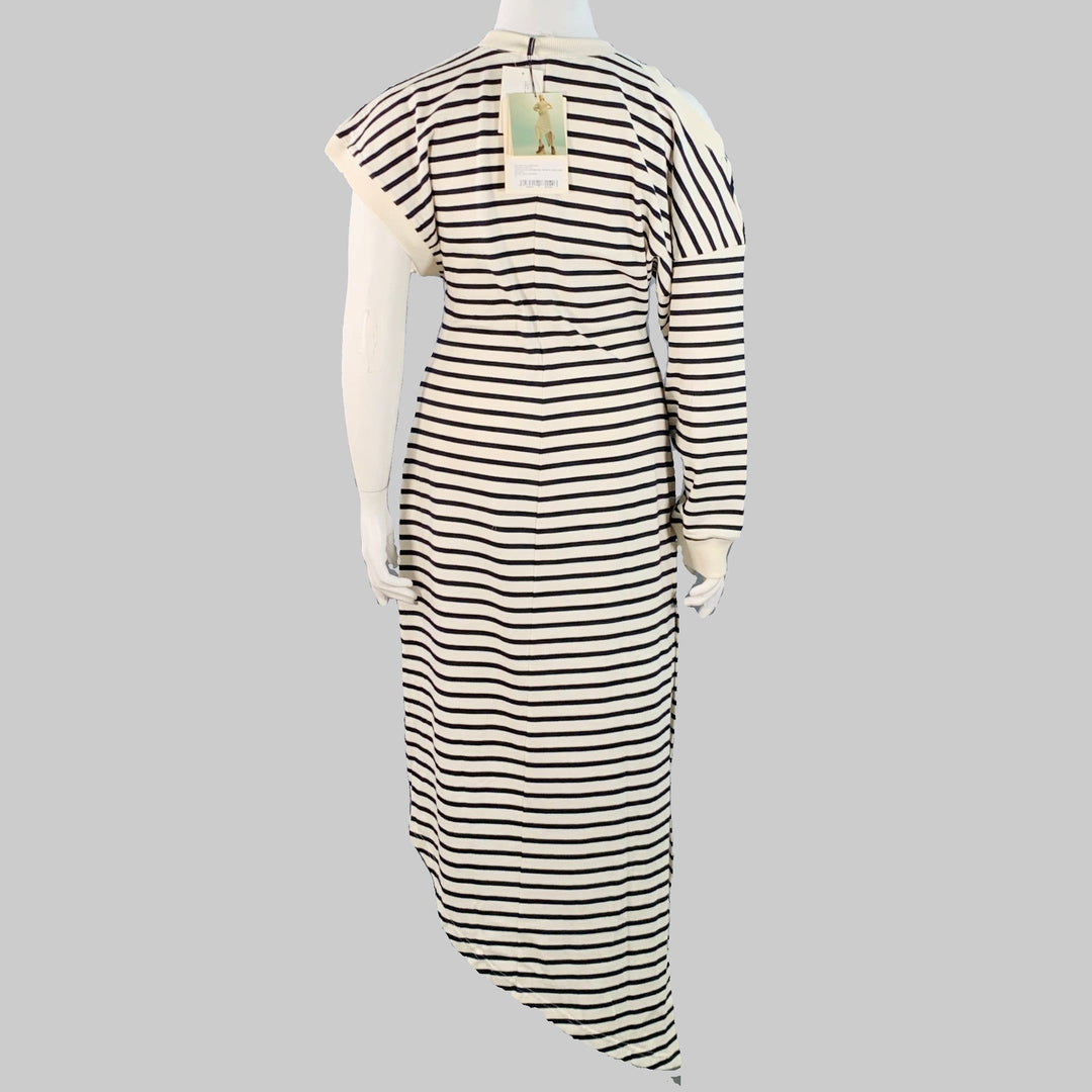 A.W.A.K.E.MODE Size XL Beige Navy Cotton Stripe Asymmetrical Dress