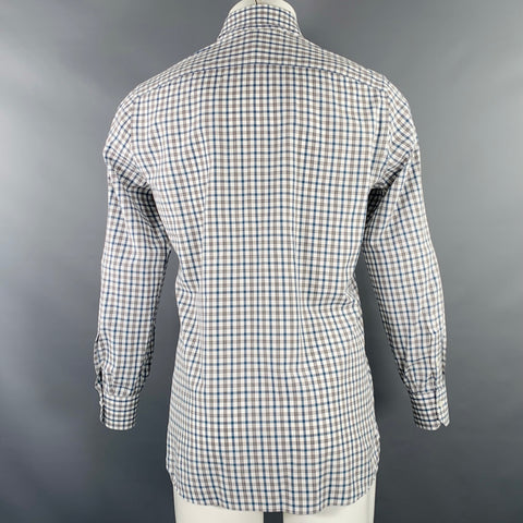 ISAIA Size M White Green Plaid Cotton Spread Collar Long Sleeve Shirt