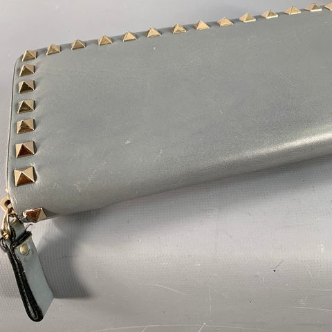 VALENTINO Rockstud Grey Gold Studded Leather Checkbook Wallet