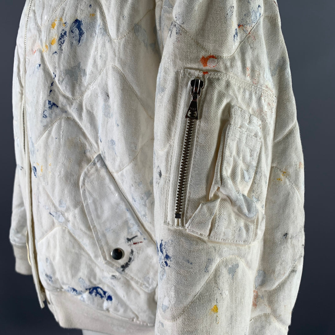 JOHN ELLIOTT Size XL White Navy Paint Splatter Cotton Bomber Jacket