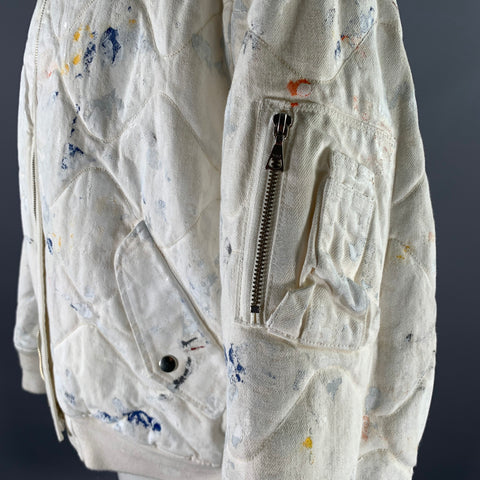 JOHN ELLIOTT Size XL White Navy Paint Splatter Cotton Bomber Jacket