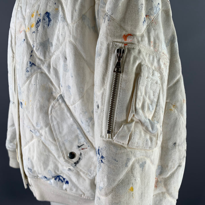 JOHN ELLIOTT Size XL White Navy Paint Splatter Cotton Bomber Jacket