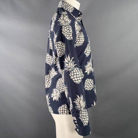 VALENTINO Size M Navy White Pineapple Print Cotton Button Up Long Sleeve Shirt