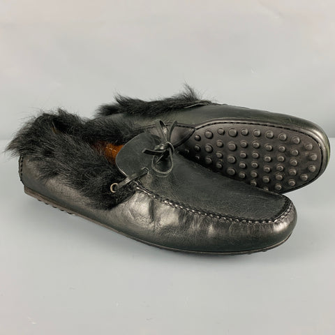 CAR SHOE Size 8 Black Leather Fur Trim Drivers Loafers