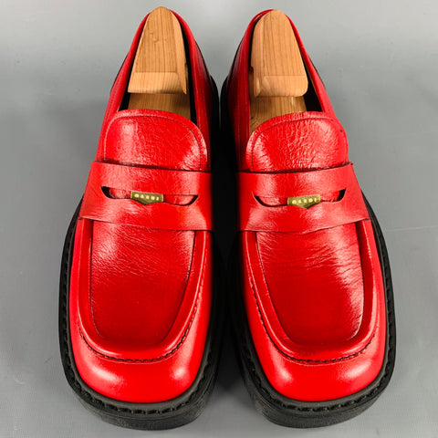 MARNI Size 7 Red Black Leather Platform Penny Loafers