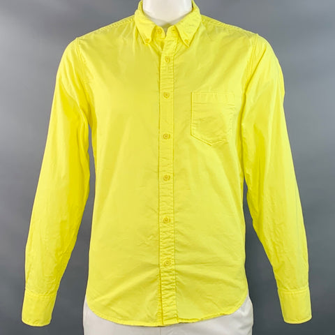 ENTIREWORLD Size L Yellow Cotton Button Down Collar One Pocket Long Sleeve Shirt