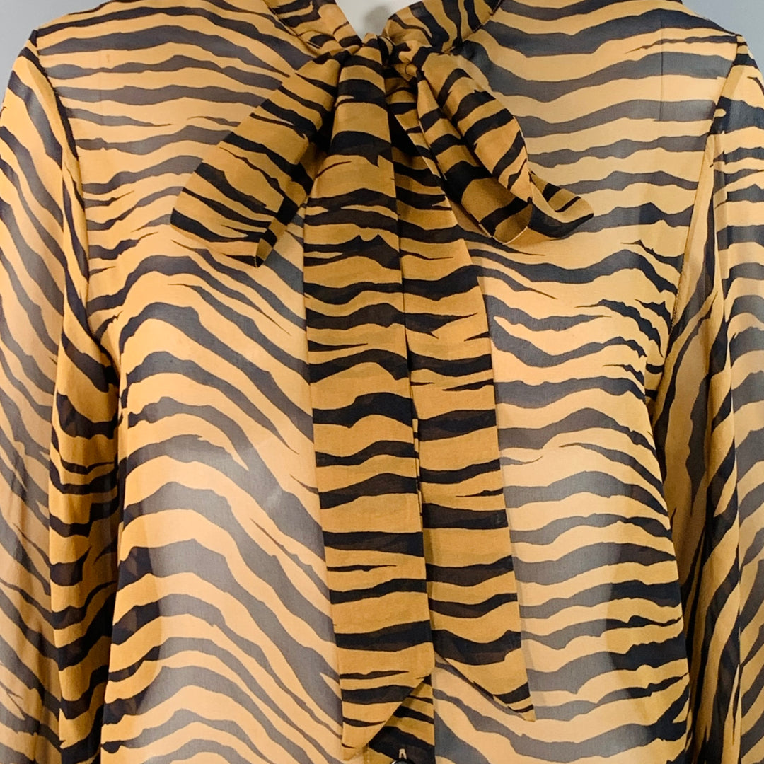 NILI LOTAN Size S Black Brown Silk Animal Print Bishop Sleeve Bow Blouse