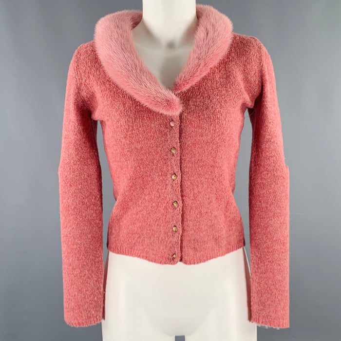 BLUMARINE Size 4 Pink Heather Wool Blend Fur Collar Cardigan