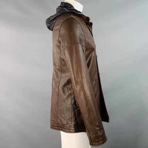JOHN VARVATOS Size M Brown Black Leather Two Pockets Hooded Jacket