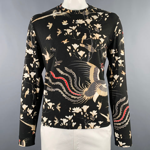 JUST CAVALLI Size XXL Black Cream Birds Cotton Blend Crew Neck T-shirt