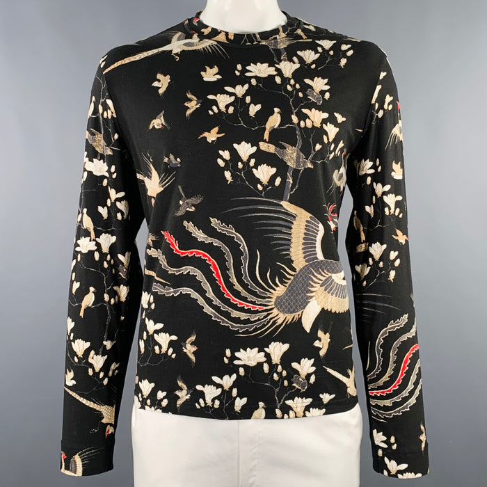 JUST CAVALLI Size XXL Black Cream Birds Cotton Blend Crew Neck T-shirt