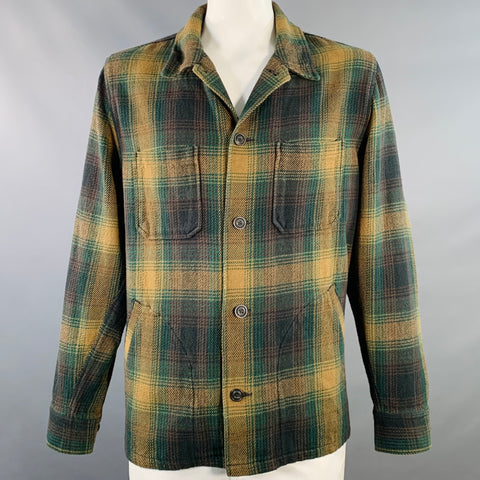 FILSON Size L Deer Island Ranch Green Olive Plaid Cotton Shirt Jacket