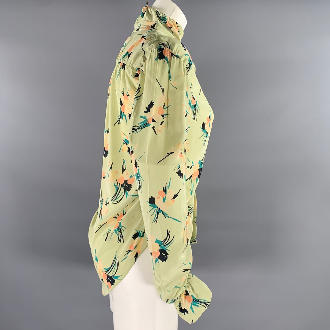 MARNI Size 4 Green Silk Floral Blouse