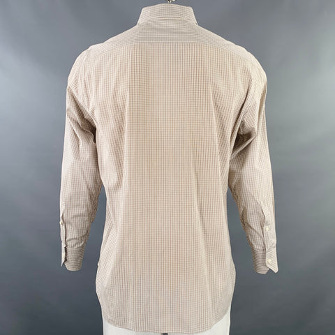 ERMENEGILDO ZEGNA Size L White Brown Checkered Cotton Slim Fit Long Sleeve Shirt