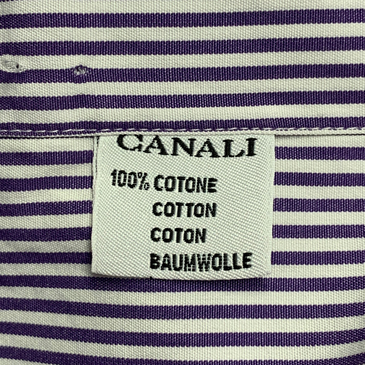 CANALI Size L White Purple Stripe Cotton French Cuff Long Sleeve Shirt