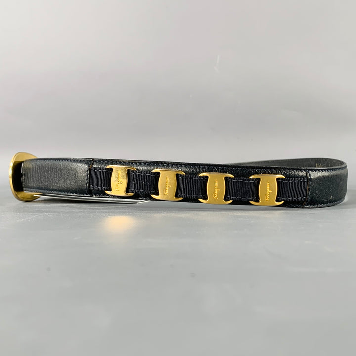 SALVATORE FERRAGAMO Size 29 Black Gold Logo Leather Belt