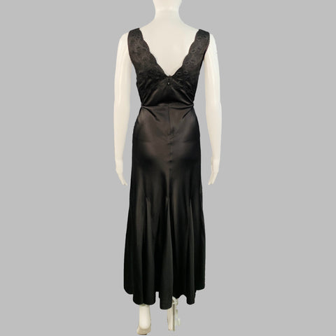 HUNTER BELL Size 4 Black Satin Eyelet Long Sleeveless V-Neck Slip Evening Gown