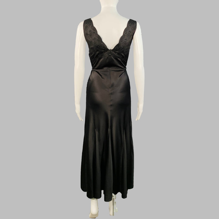 HUNTER BELL Size 4 Black Satin Eyelet Long Sleeveless V-Neck Slip Evening Gown