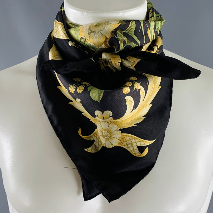 SALVATORE FERRAGAMO Black Yellow Green Birds Silk Scarf