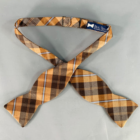 BEAU TIES LTD. Brown Blue Plaid Silk Bow Tie