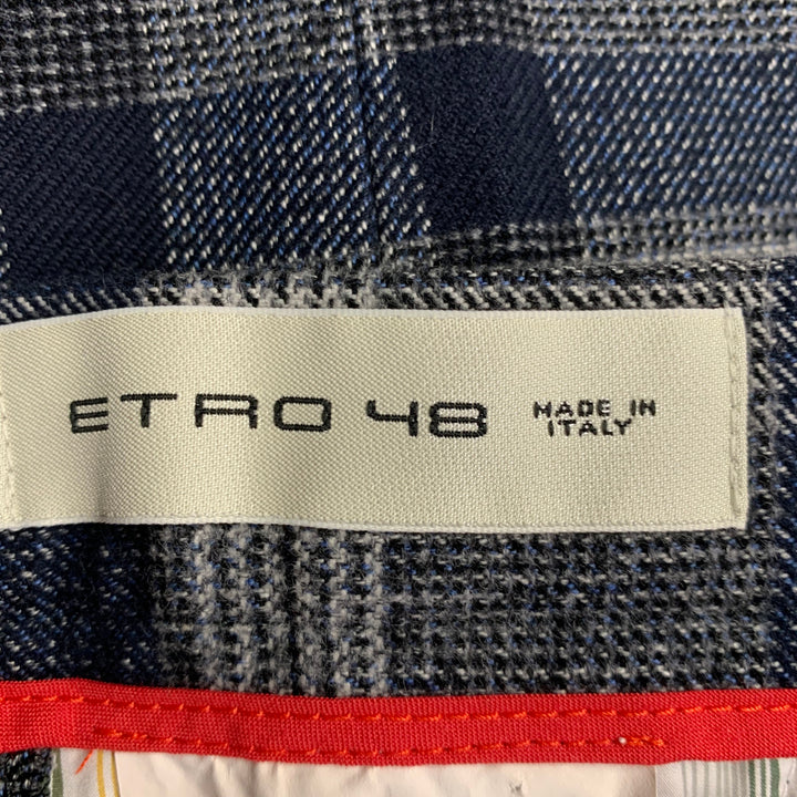 ETRO Size 32 Navy Grey Black Plaid Wool Blend Zip Fly Dress Pants
