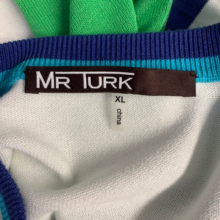MR TURK Size XL White Blue Green Stripe Cotton Blend Crew Neck Pullover