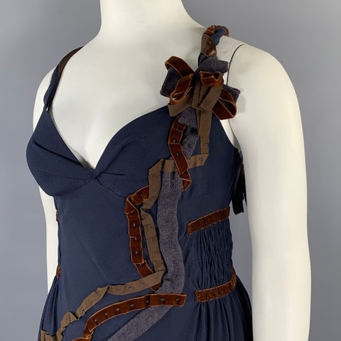 MOSCHINO Size 12 Navy Brown Silk Ribbon Dress
