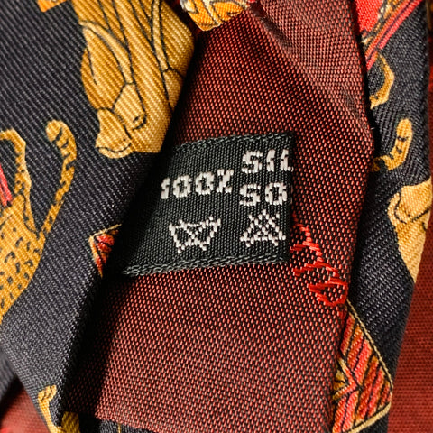 SALVATORE FERRAGAMO Black Gold Burgundy Animals Silk Tie