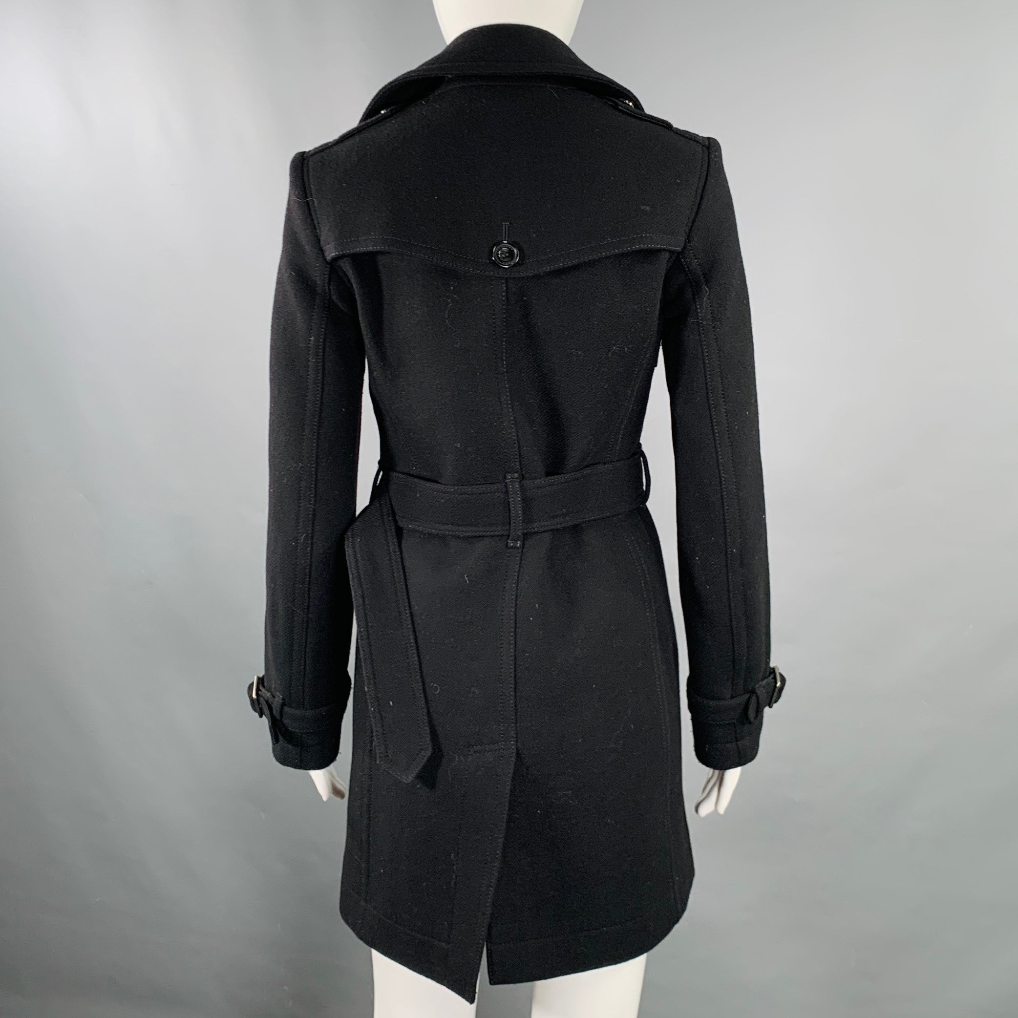 BURBERRY BRIT Size 2 Black Wool Blend Double Breasted Belted Coat