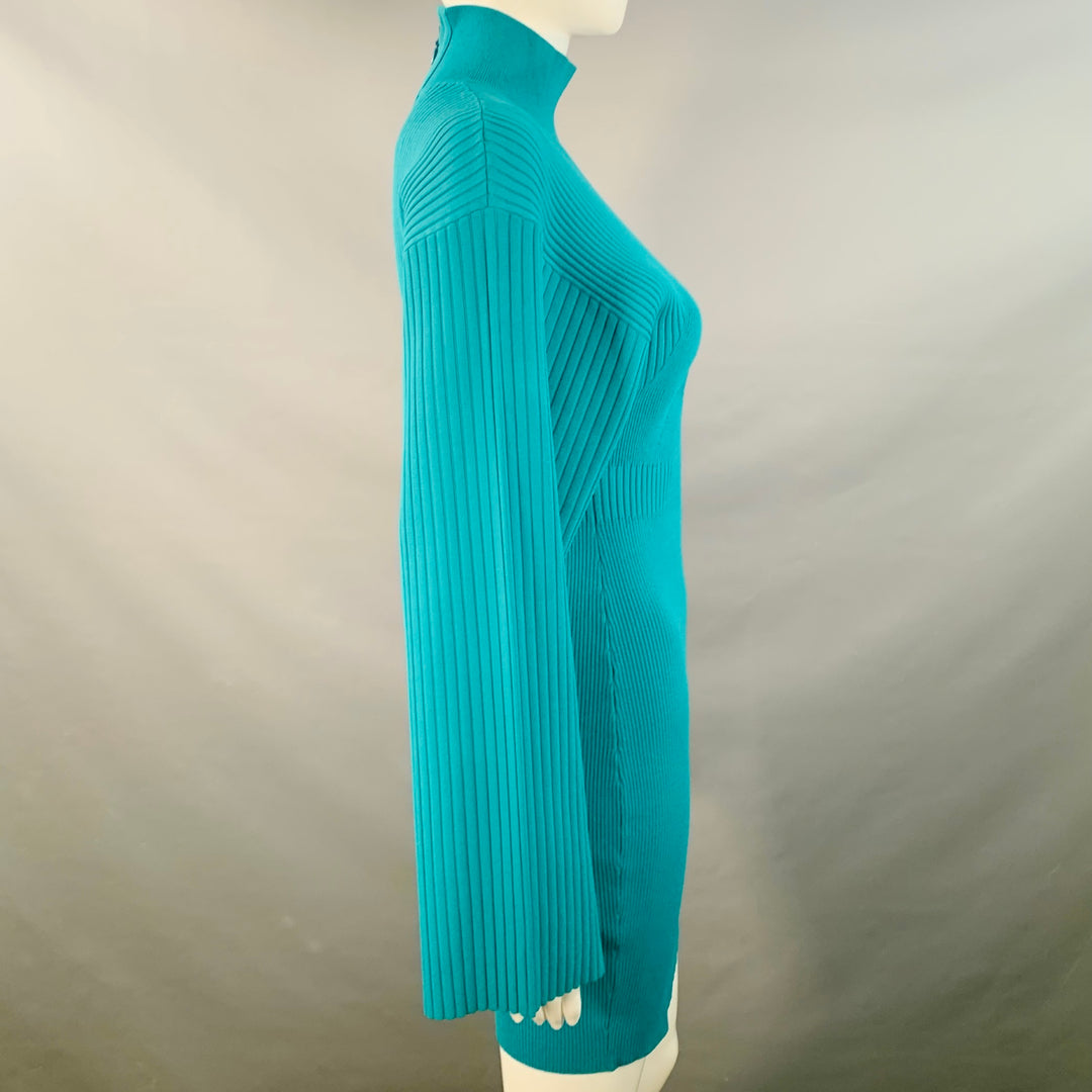 HERVE LEGER Size S Blue Aqua Viscose Blend High Neck Ribbed Bandage Mi Sui Generis Designer Consignment HERVE LEGER Size S Blue Aqua Viscose Blend High Neck Ribbed Bandage Mi Sui Generis Designer Consignment