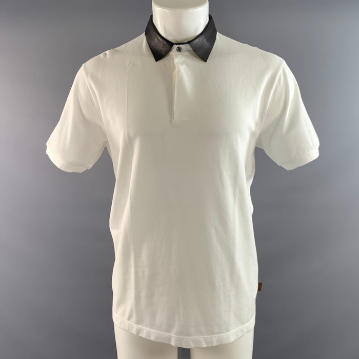 GUCCI Size M White Black Mixed Fabrics Cotton Leather Hidden Buttons Polo